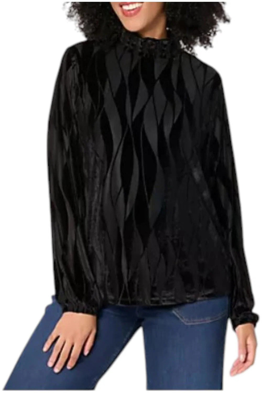 LOGO by Lori Goldstein Women's Burnout Smocked Neck Long Sleeve Black - Regular